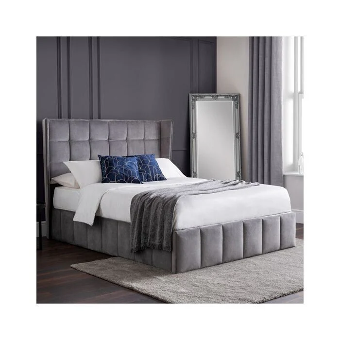 Gatsby Velvet King Size Bed Lift up With Storage In Light Grey Modern Bedroom - Image 2