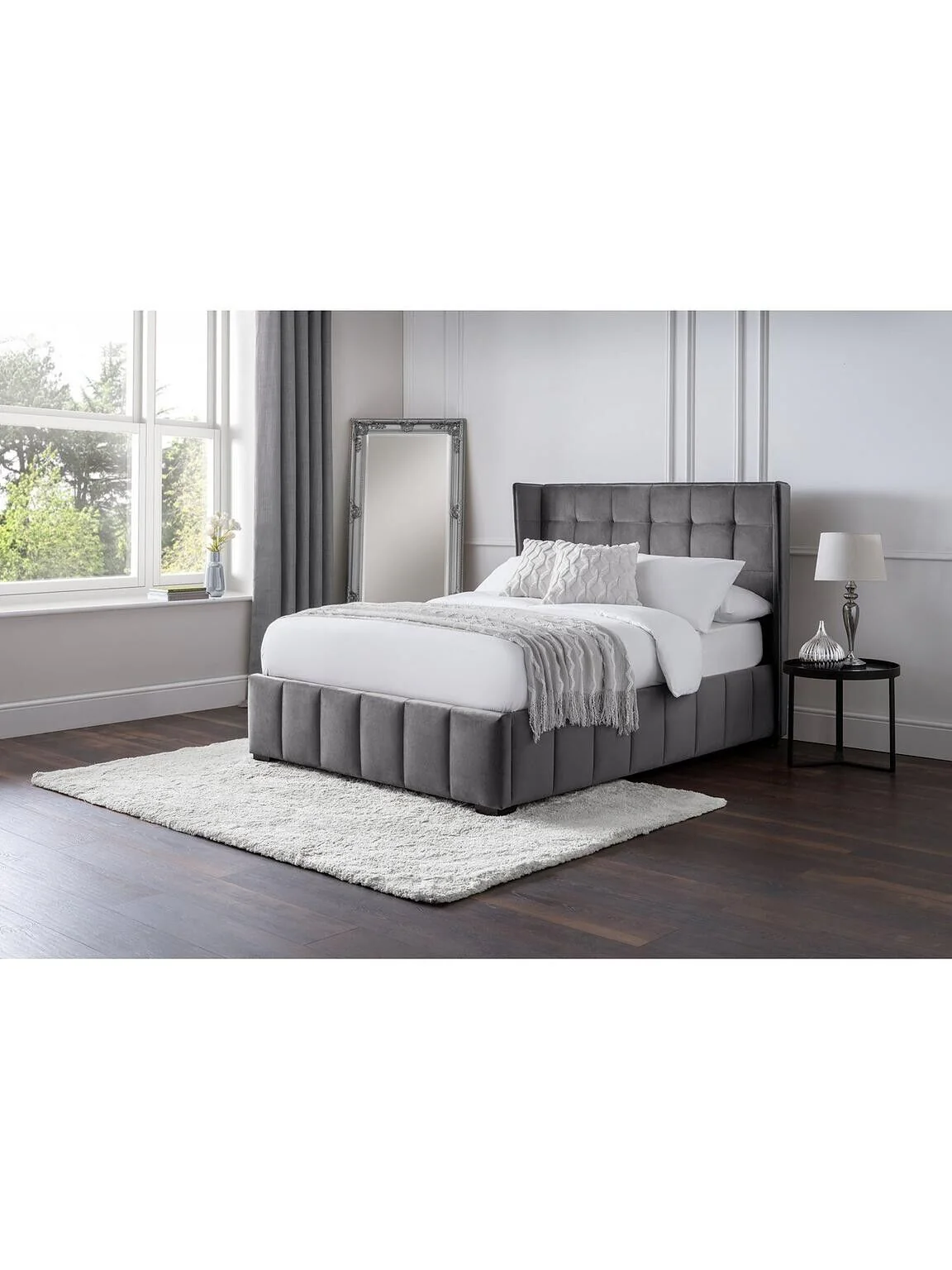 Gatsby Velvet King Size Bed Lift up With Storage In Light Grey Modern Bedroom - Image 3