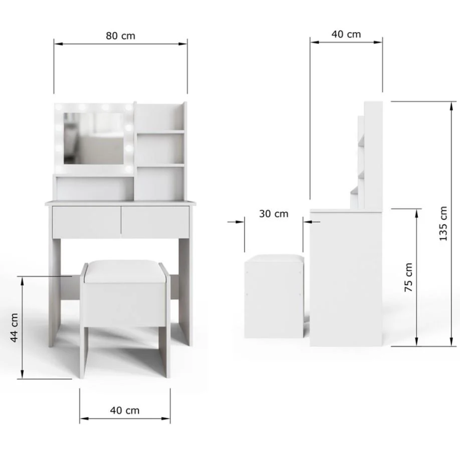 GFW Eva 2 Drawer White Dressing Table Set with LED Mirror And Stool - Image 9