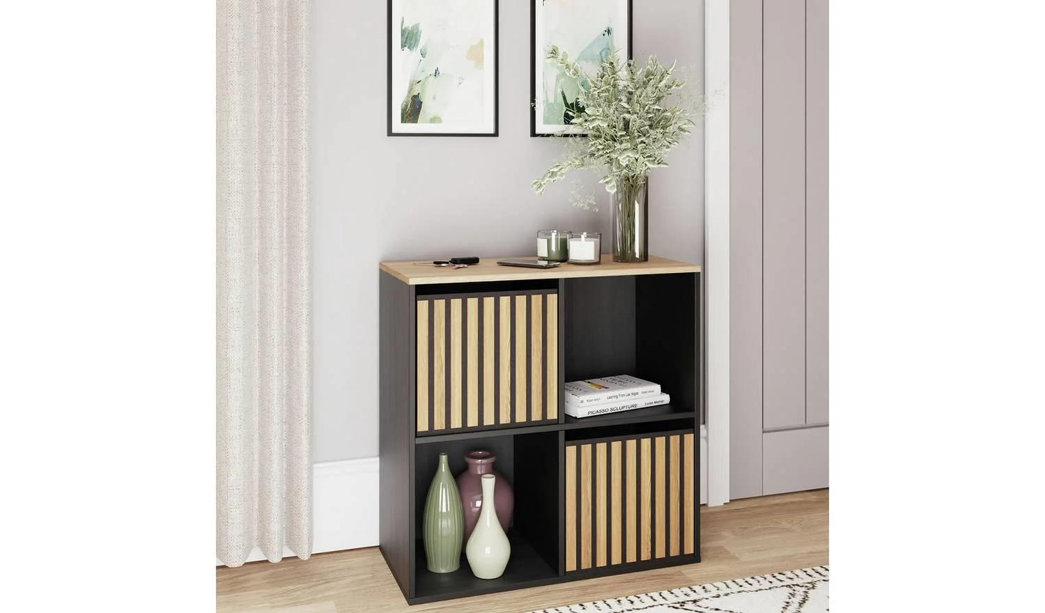 GFW Kube 4 Cube Storage Unit Black & Oak Modular Organiser Shelf - Image 3