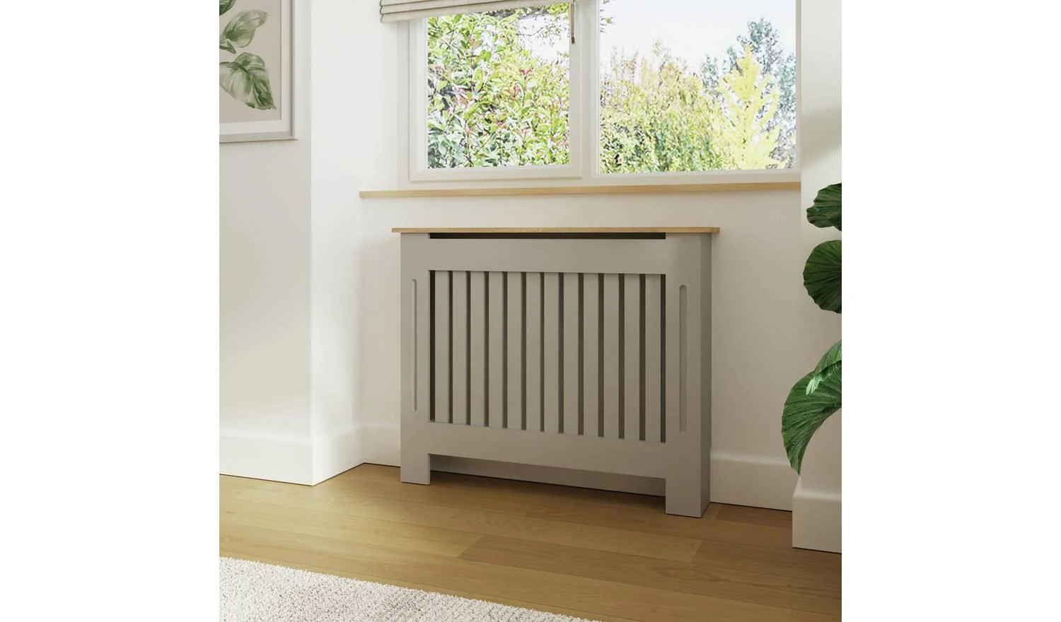 GFW Longslow Medium Radiator Cover Grey Oak With Ventilation Slats Shelf - Image 2