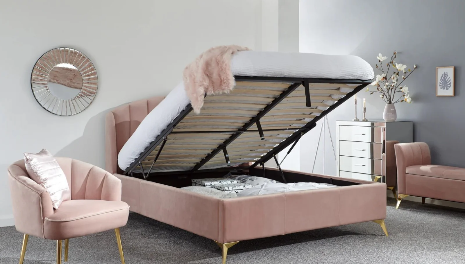 GFW Pettine End Lift Ottoman Bed Blush Pink Double Size Bedroom Storage - Image 2
