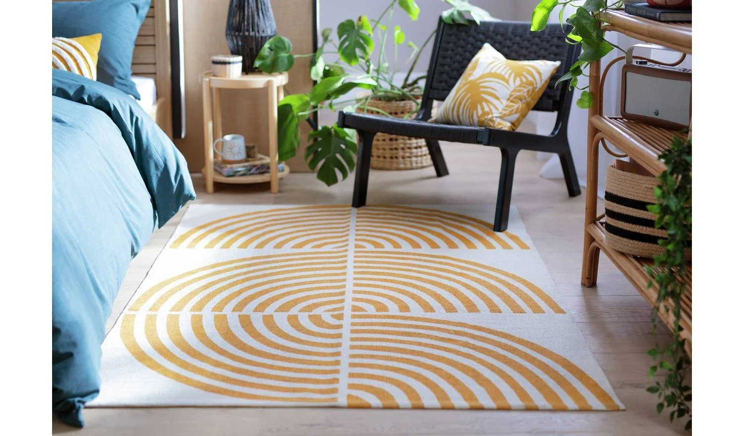 Global Swirl Yellow Cotton Flatweave Rug 120X170cm Patterned Living Room - Image 3