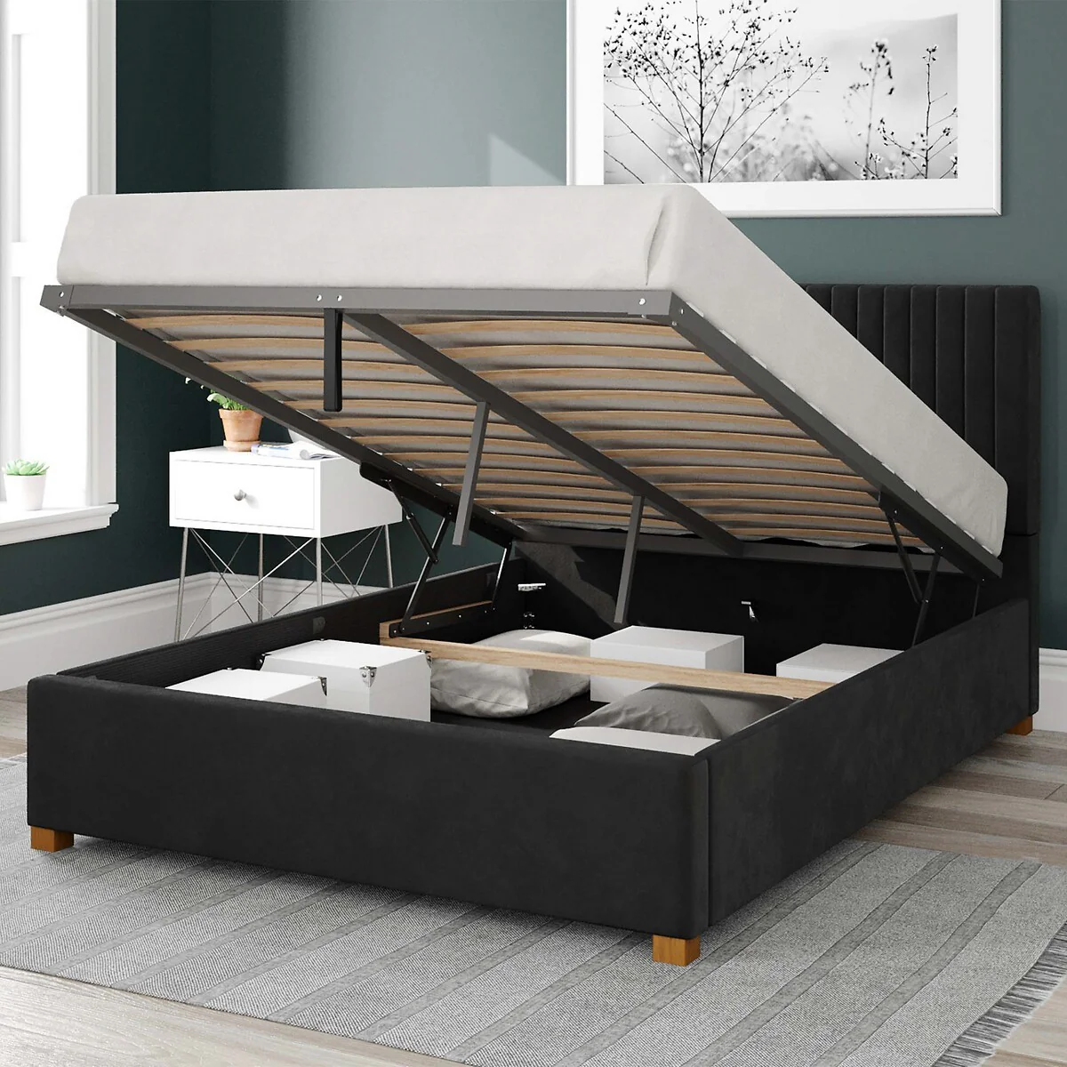 Grant Plush Velvet Storage Ottoman Bed Black Super King | Vertical Headboard - Image 2