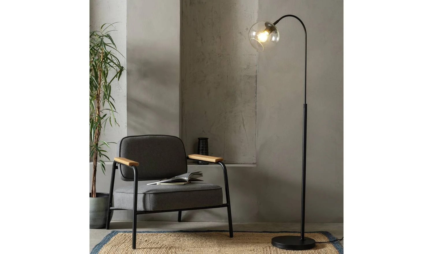 Coleman Glass Shade Metal Floor Lamp Matte Black Modern Reading Light - Image 3
