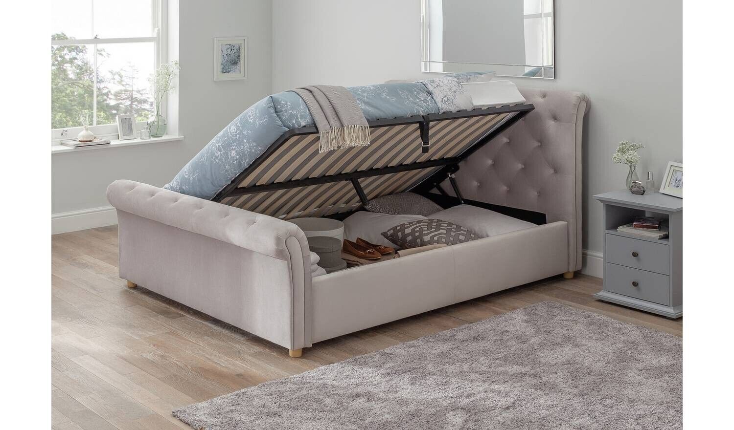 Harrogate Kingsize Ottoman Fabric Bed Silver Elegant Bedroom Storage Solution - Image 7