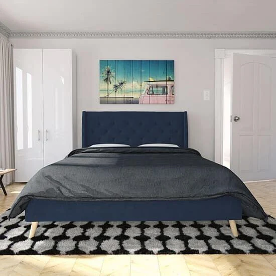 Her Majesty Linen Fabric Double Bed In Blue Elegant Bedroom Furniture - Image 2