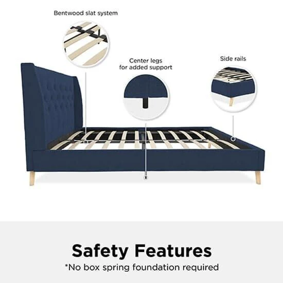 Her Majesty Linen Fabric Double Bed In Blue Elegant Bedroom Furniture - Image 5
