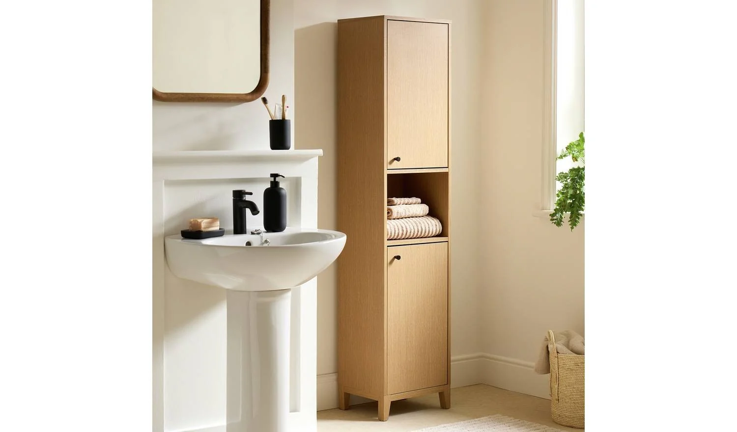 Herson Tallboy Oak Storage Organiser Bathroom Furniture - Image 3