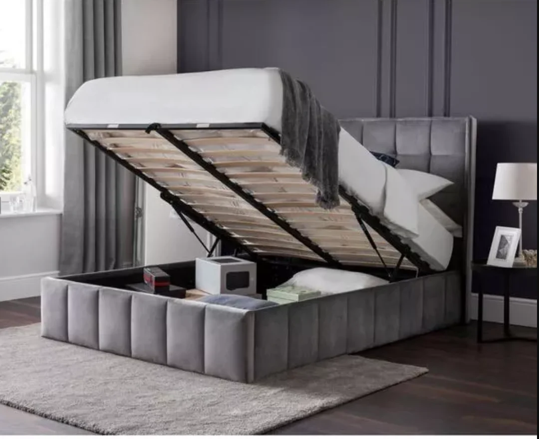 Julian Bowen Gatsby Ottoman Double Bed Grey | Velvet Wing Headboard Sprung Slats - Image 2