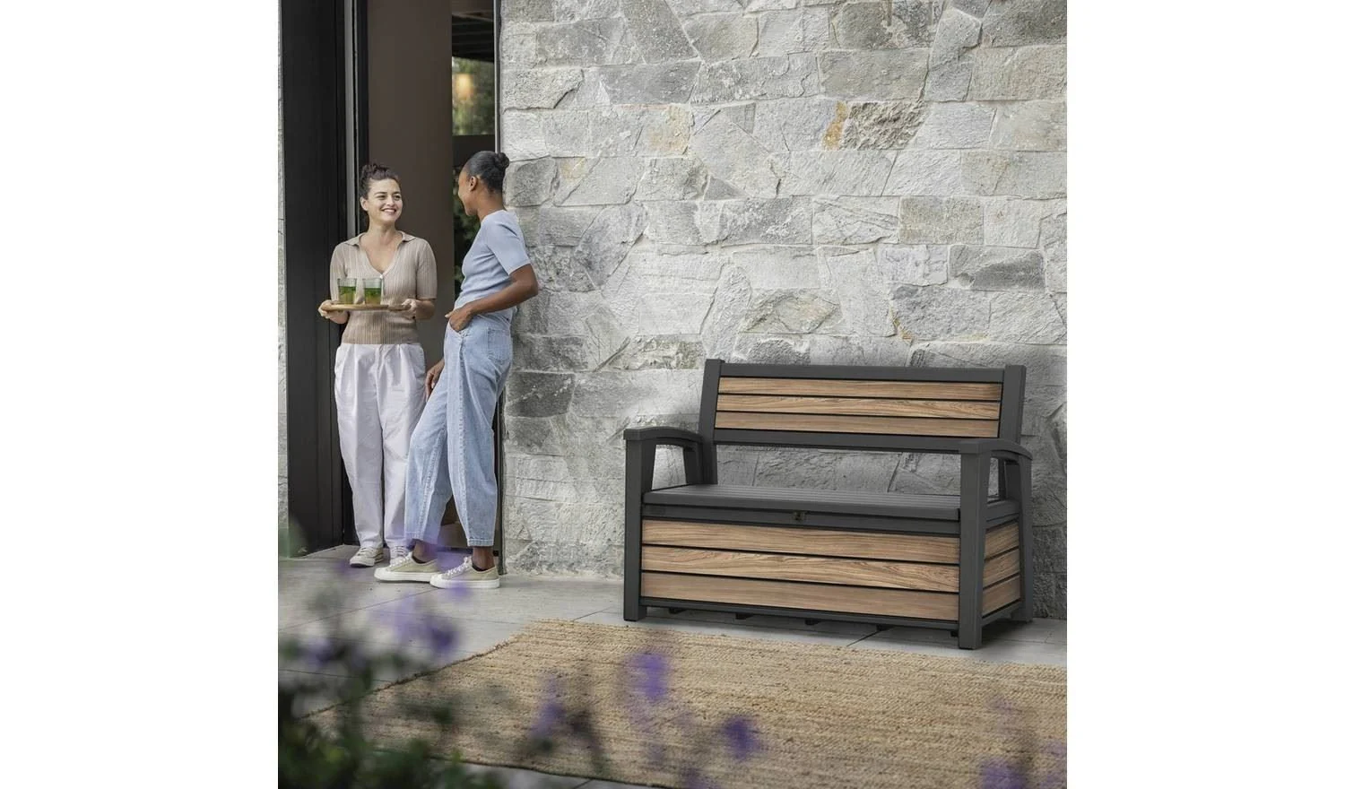 Keter Signature Storage Bench Oak Garden Patio Furniture Seating - Image 4