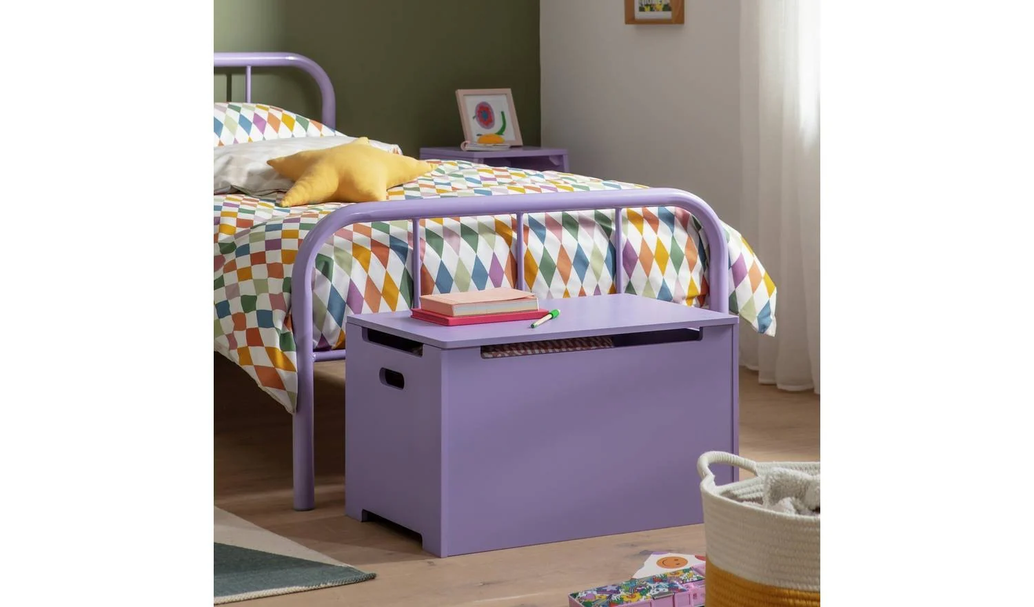 Kids Joni Toy Box Lilac Childrens Bedroom Storage Organiser With Lid - Image 3