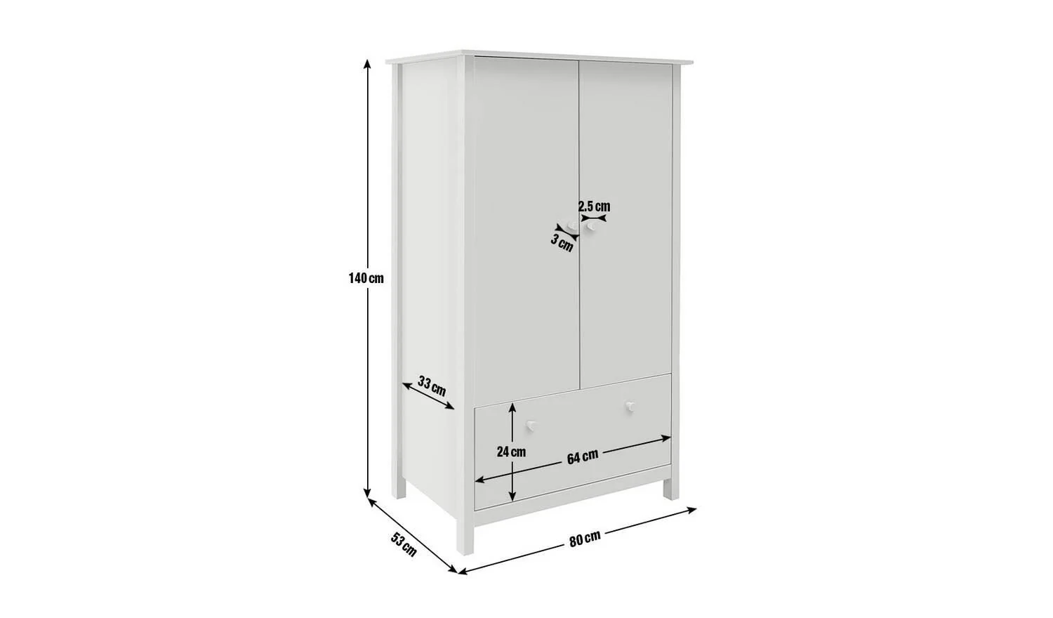 Kids Scandinavia Short 2 Door Wardrobe White Childrens Bedroom Storage - Image 11