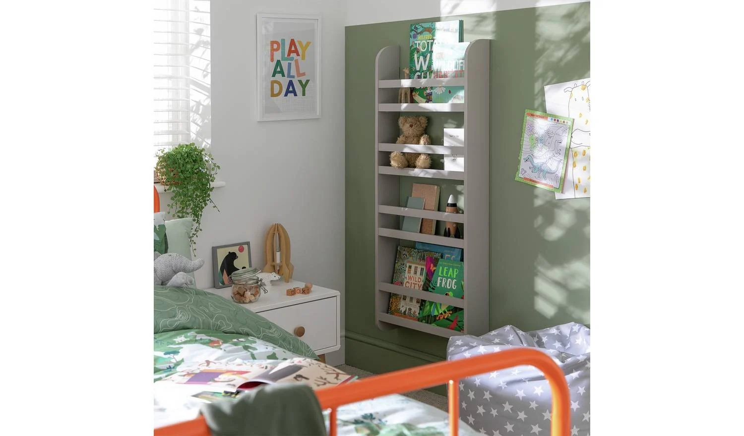 Kids Scandinavia Wall Mounted Bookcase Grey Childrens Bedroom Storage - Image 3