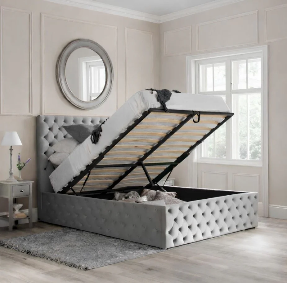 Kingston Grey Velvet Fabric Ottoman Storage Bed 4ft6 Double Quilted Headboard - Image 2
