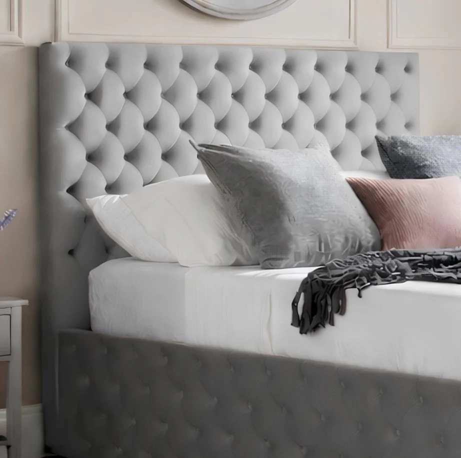 Kingston Grey Velvet Fabric Ottoman Storage Bed 4ft6 Double Quilted Headboard - Image 3