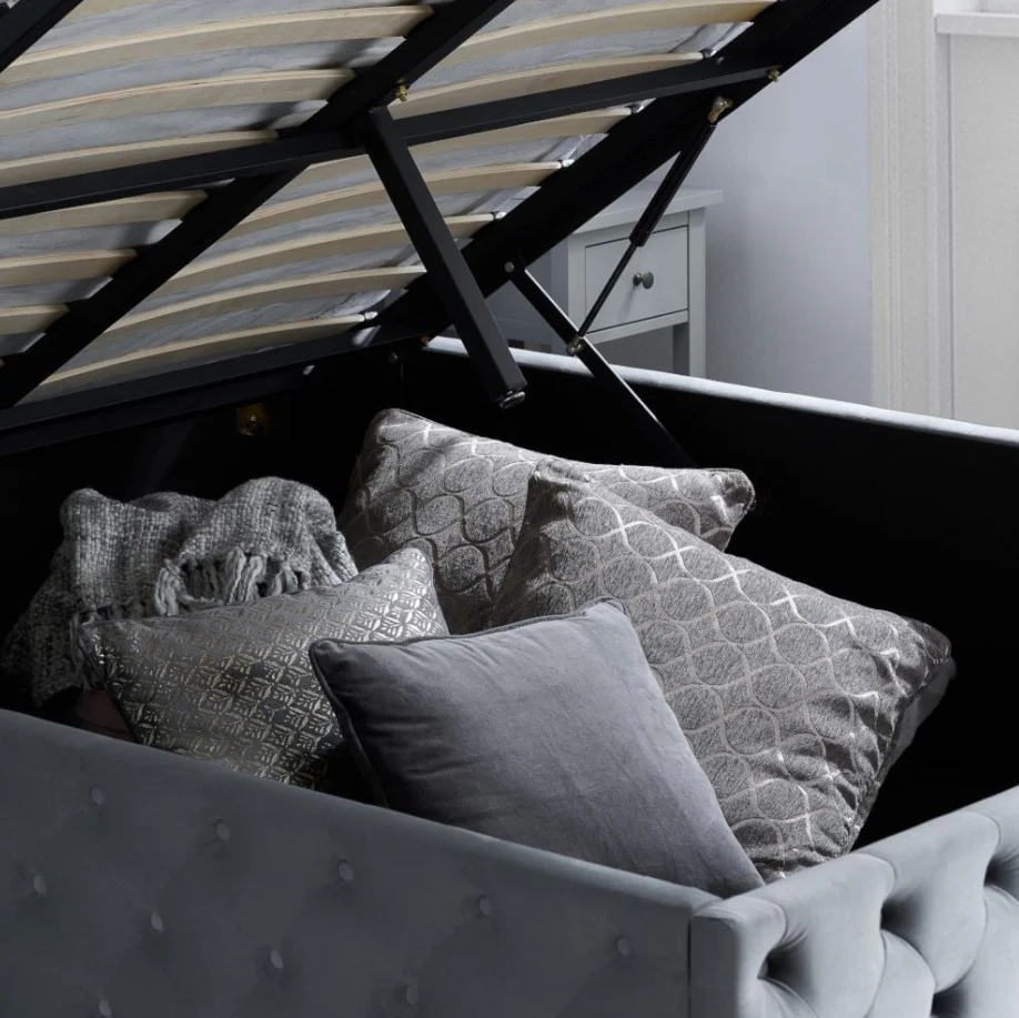 Kingston Grey Velvet Fabric Ottoman Storage Bed 4ft6 Double Quilted Headboard - Image 4