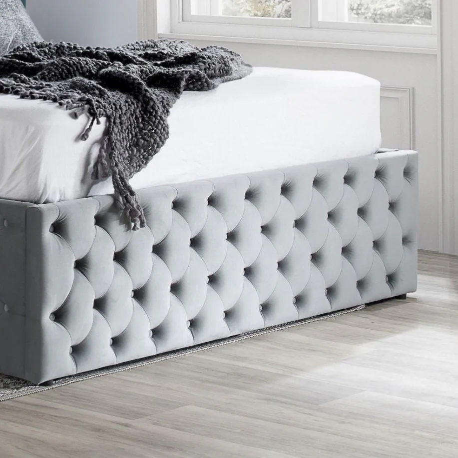 Kingston Grey Velvet Fabric Ottoman Storage Bed 4ft6 Double Quilted Headboard - Image 5