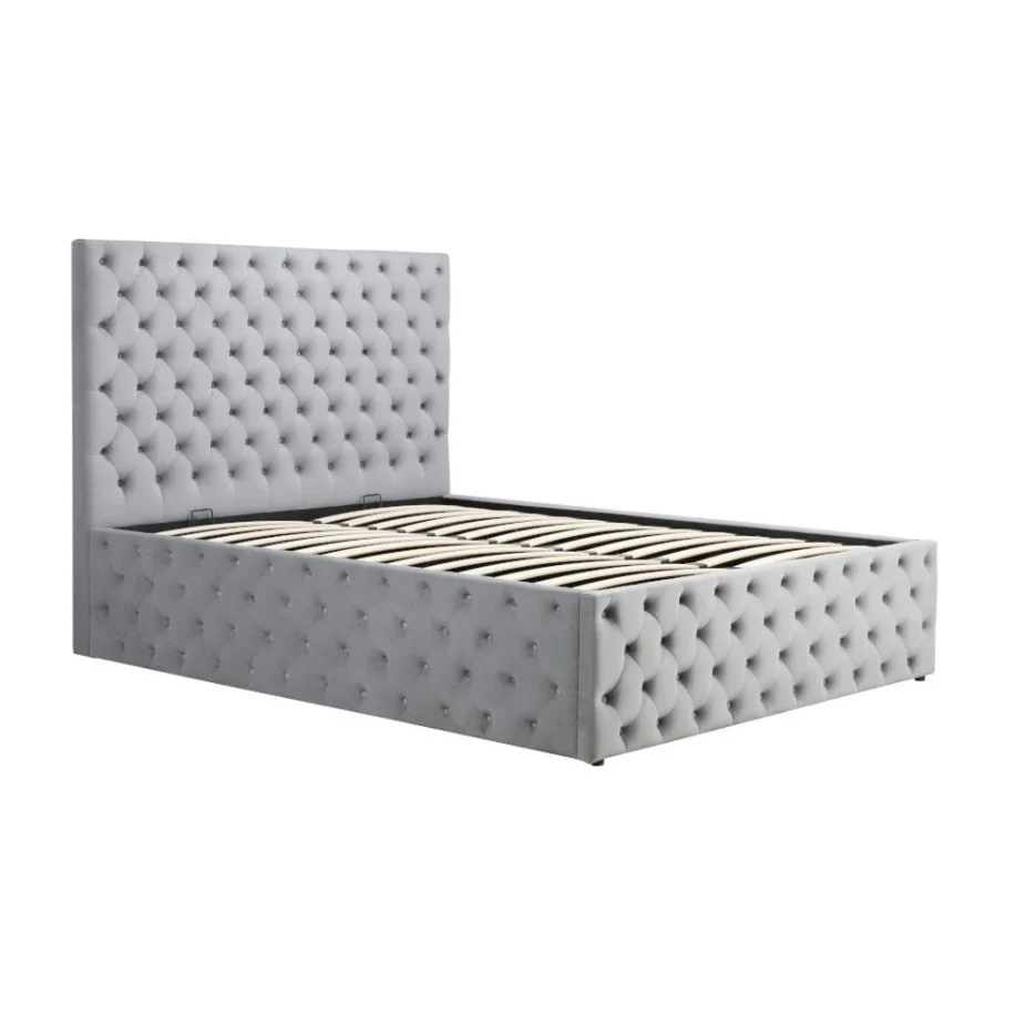 Kingston Grey Velvet Fabric Ottoman Storage Bed 4ft6 Double Quilted Headboard - Image 7