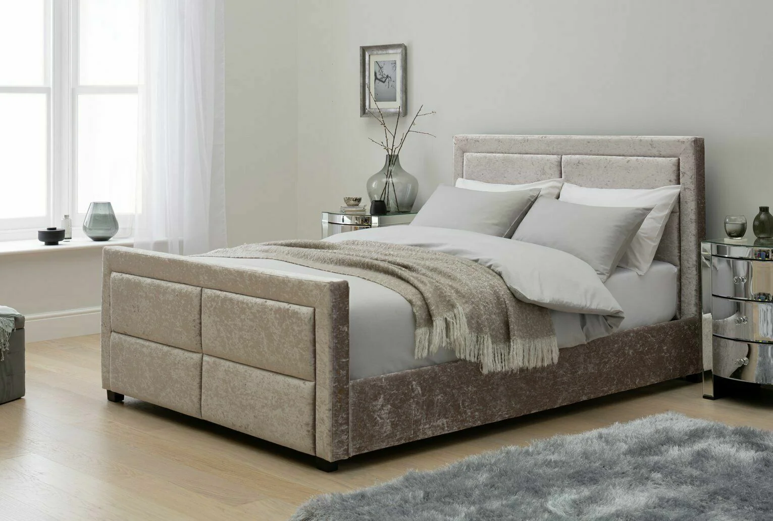 Kourtney Crushed Velvet Double Bed Frame Silver Elegant Bedroom Furniture - Image 2