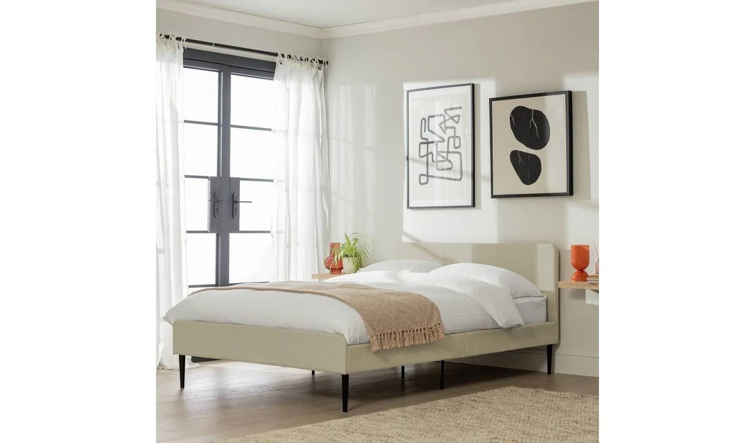 Kristopher Double Fabric Bed Frame Cream Upholstered Headboard Modern - Image 3