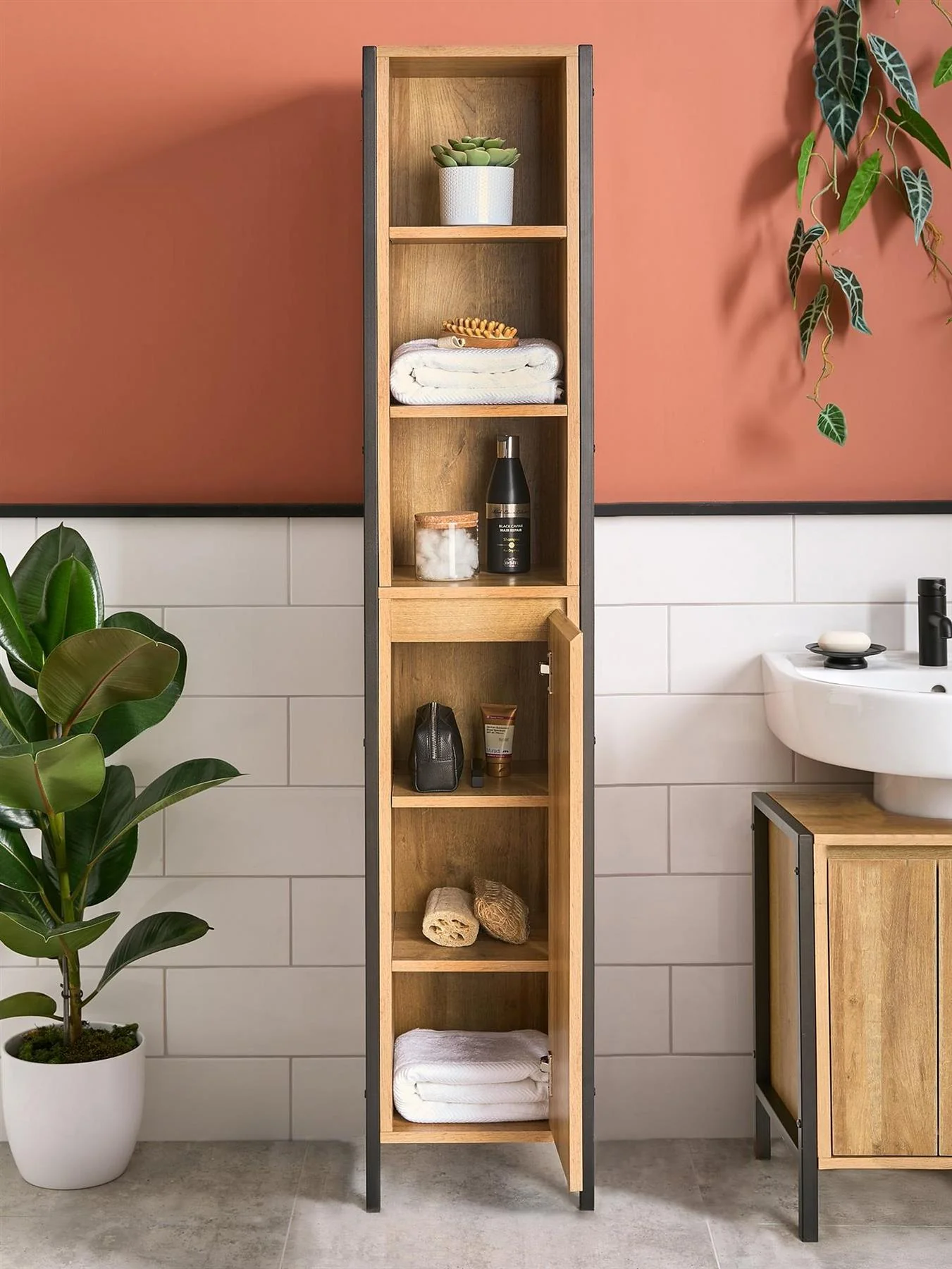Larson Tall Bathroom Cabinet Dark Oak Storage Organiser Unit - Image 2