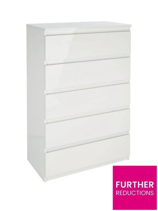 Layton Gloss 5 Drawer Chest White Storage Cabinet Stylish Bedroom Furniture - Image 3
