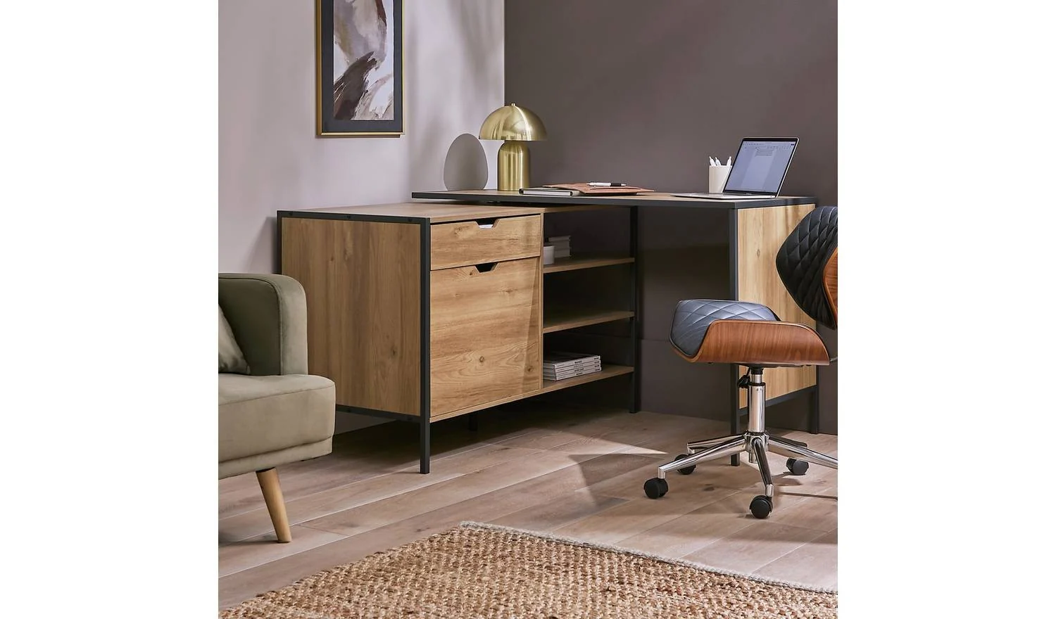 Loft Living 2 Drawer Swivel Office Desk - Oak - Image 3