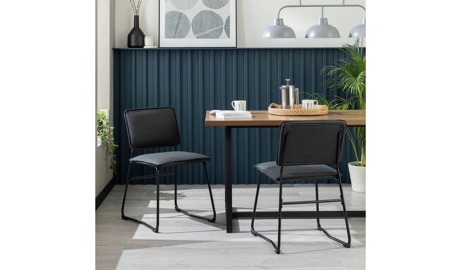 Loft Living Pair of Faux Leather Dining Chairs Black Modern Kitchen Set - Image 3