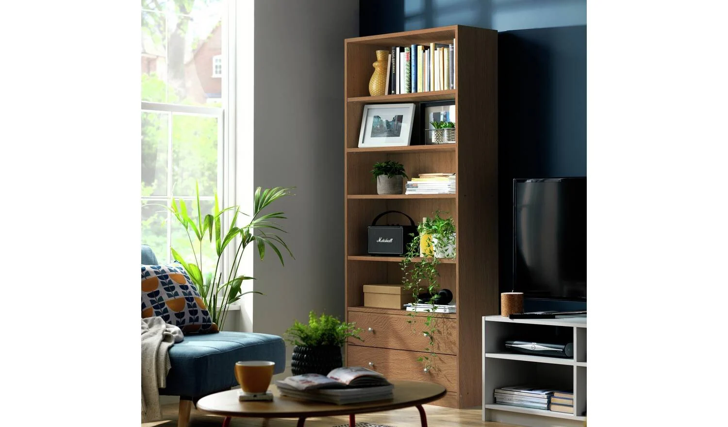 Maine 2 Drawer Bookcase Oak Effect Storage Organiser Shelf Furniture - Image 3