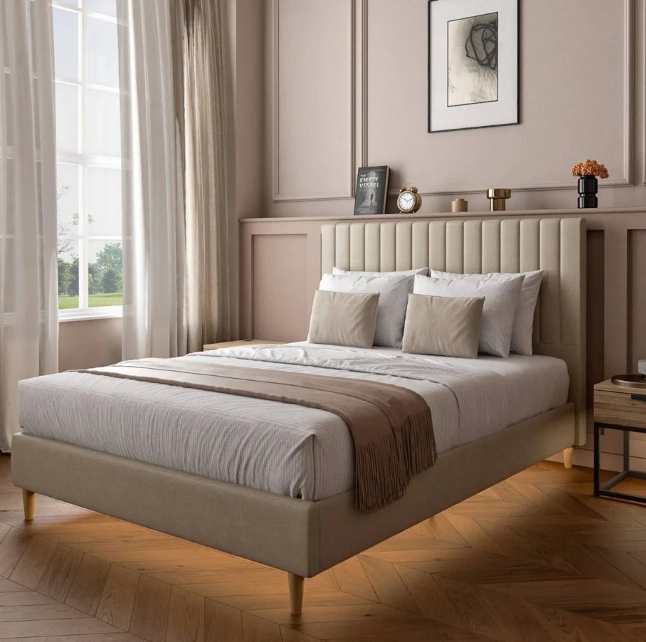 Maisie Upholstered Double Bed Frame with LED Lighting Natural Stone Modern - Image 2