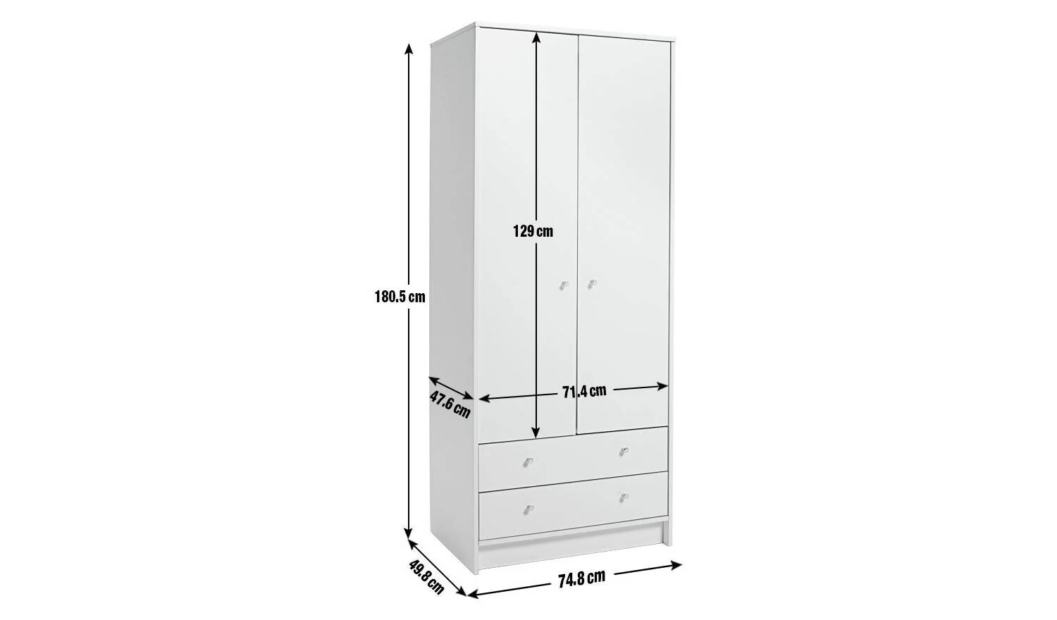 Malibu 2 Door 2 Drawer Wardrobe White Storage Organiser Bedroom Furniture - Image 9