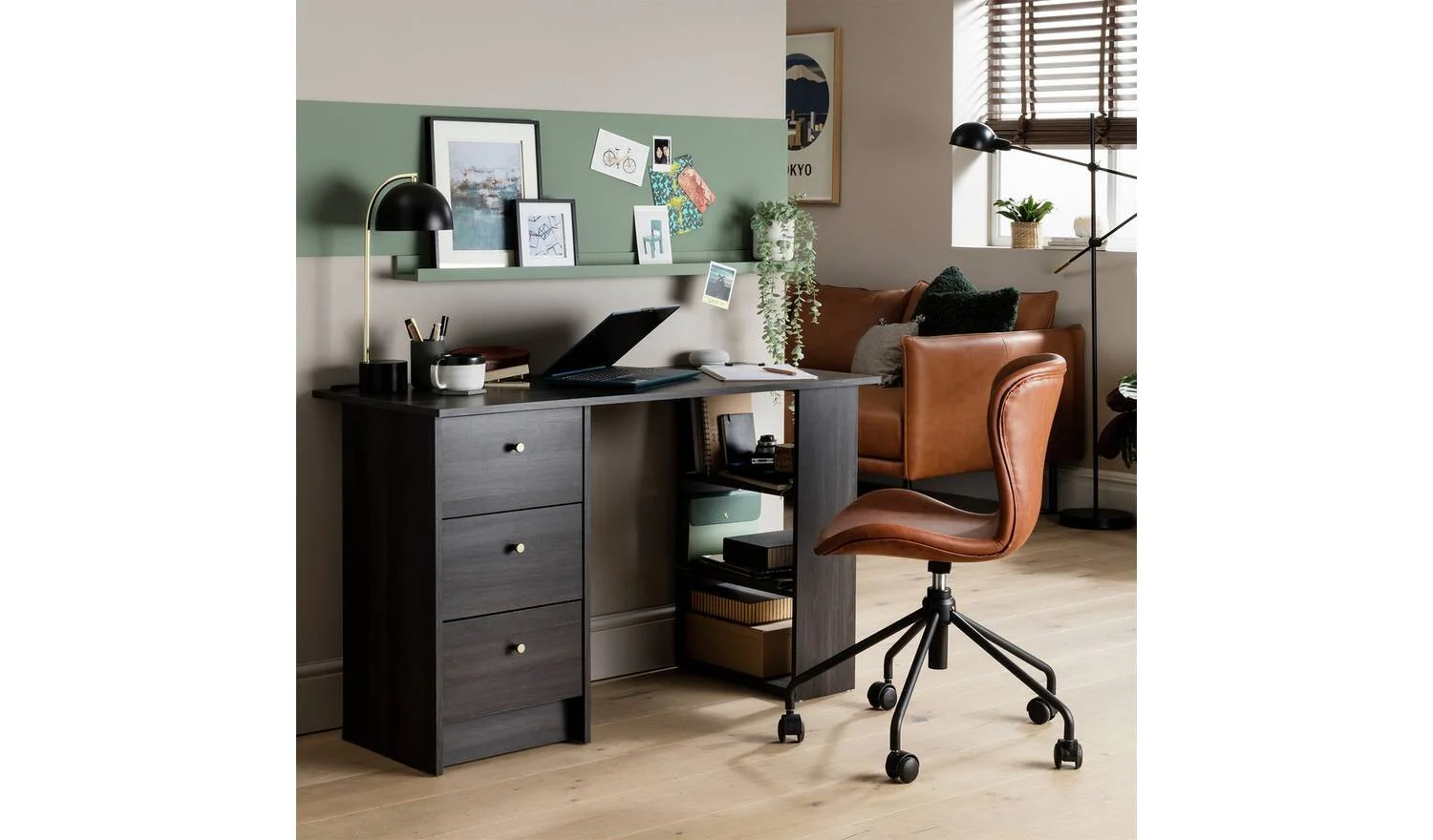 Malibu 3 Drawer Office Desk Black & Brown Compact Study Table - Image 2