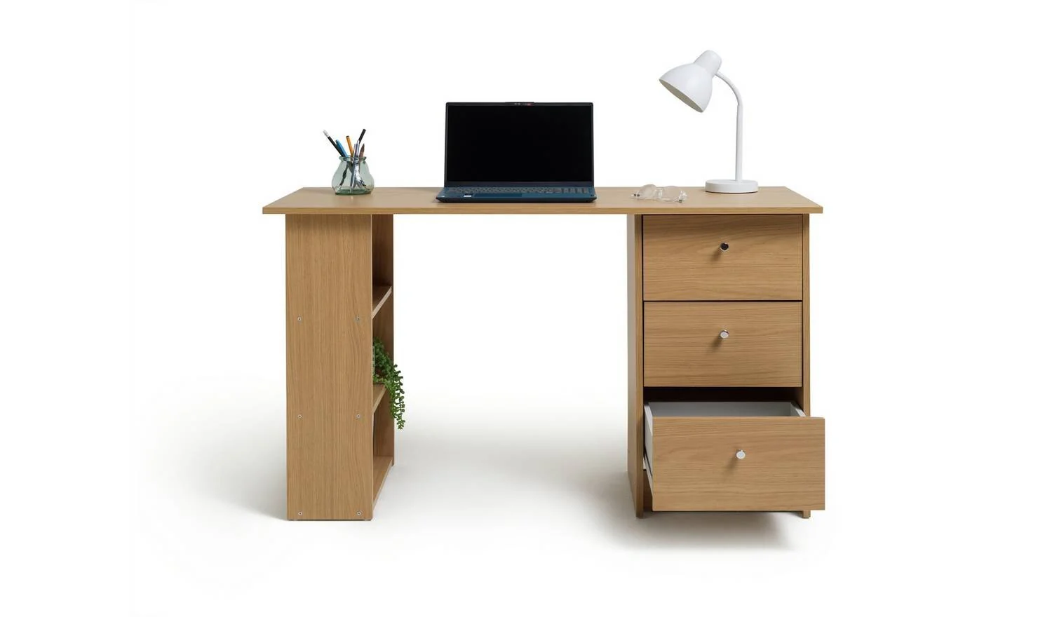 Malibu 3 Drawer Office Desk Oak Effect Compact Study Table - Image 3