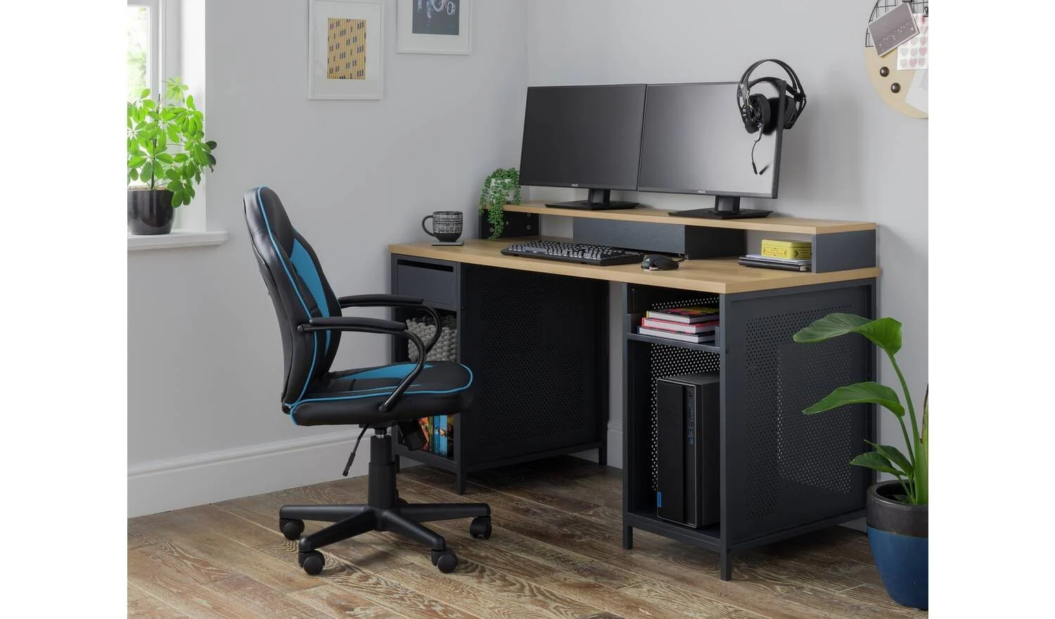 Modular 1 Drawer Gaming Desk Oak Effect & Black Ergonomic Computer Desk - Image 3