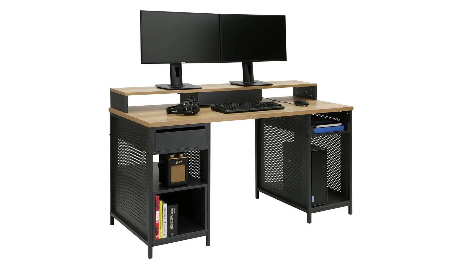 Modular 1 Drawer Gaming Desk Oak Effect & Black Ergonomic Computer Desk - Image 4