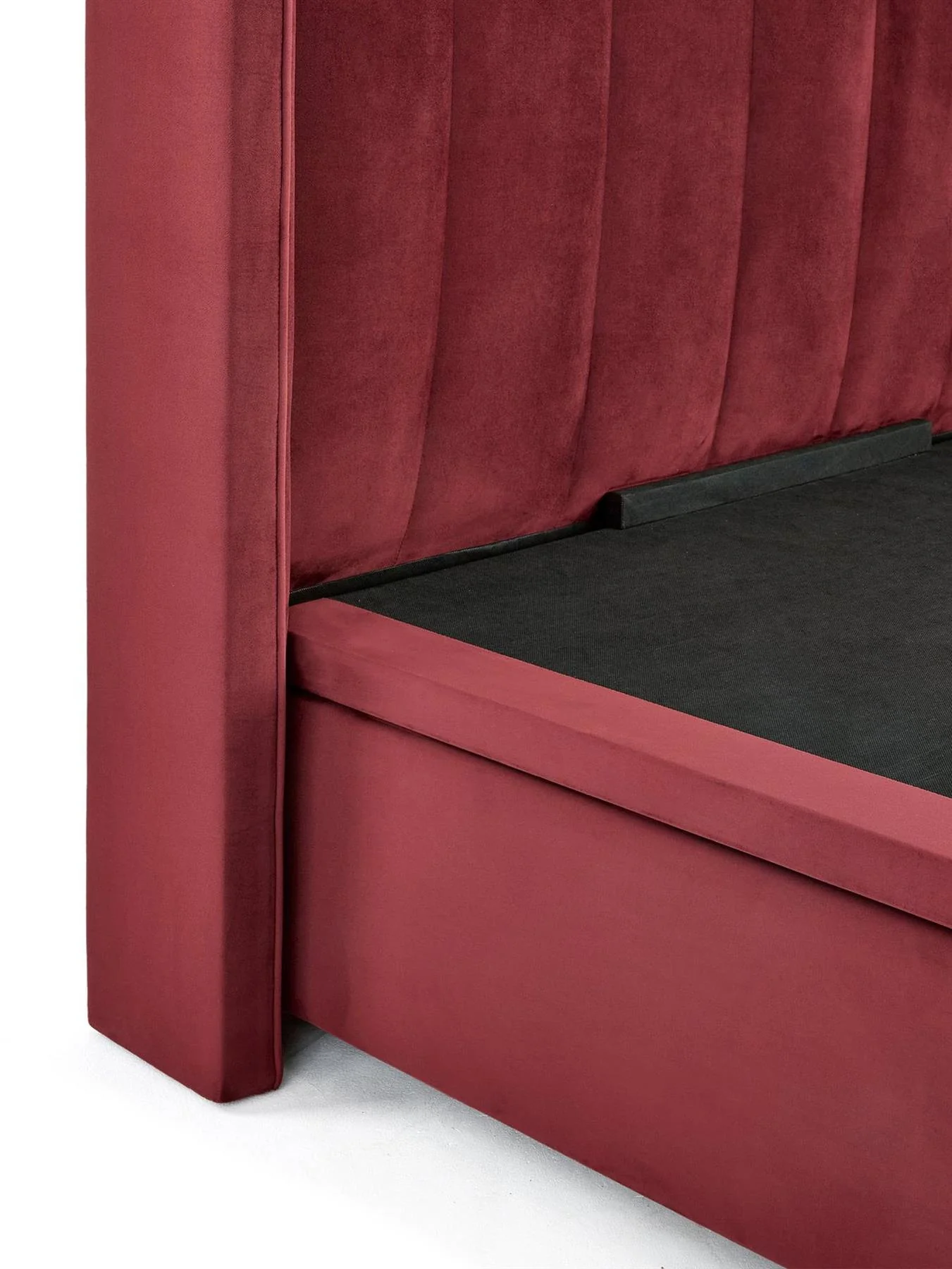New Dakota Velvet Lift Up Ottoman Double Bed Burgundy Modern Bedroom Design - Image 5