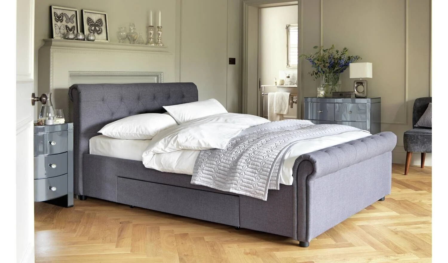 Newbury Double 2 Drawer Fabric Bed Frame Grey Stylish Bedroom Storage Solution - Image 3