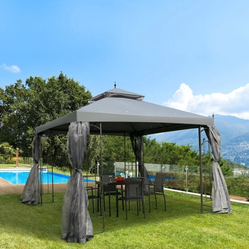 Outsunny 2 Tier Garden Gazebo with Mesh Curtains 3000x3000mm Grey - Image 4