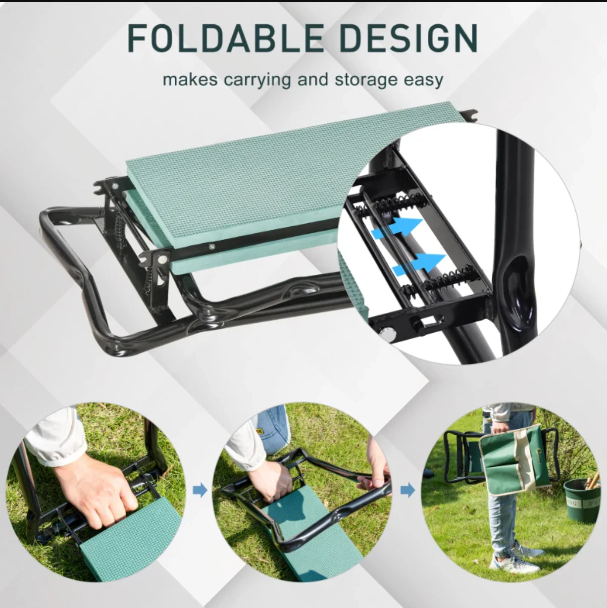 Outsunny Steel Frame Padded Garden Kneeler, with Tool Bag Green | Fast Delivery - Image 4