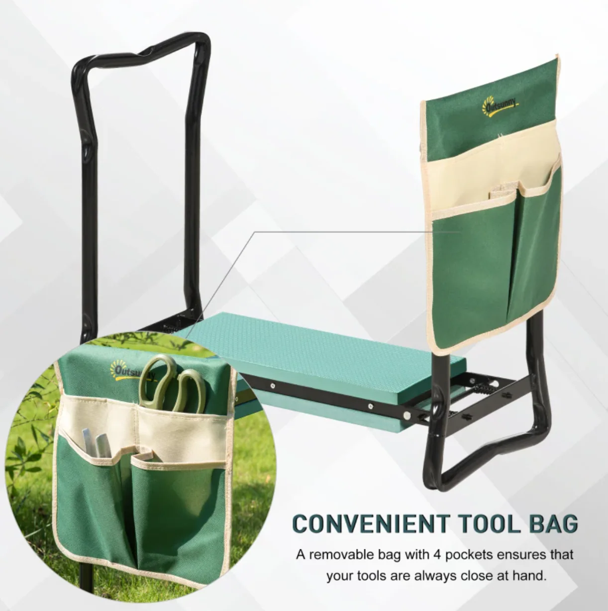 Outsunny Steel Frame Padded Garden Kneeler, with Tool Bag Green | Fast Delivery - Image 5