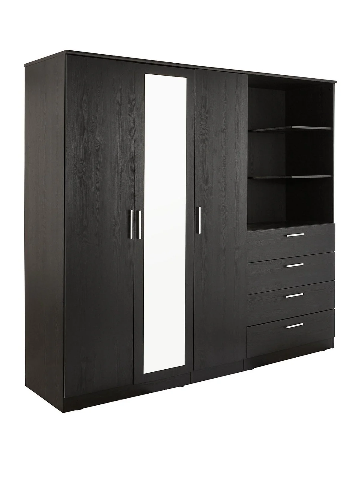 Panama 3 Door 4 Drawer Combi Wardrobe Black | Mirror & Shelves | Hanging Storage - Image 3