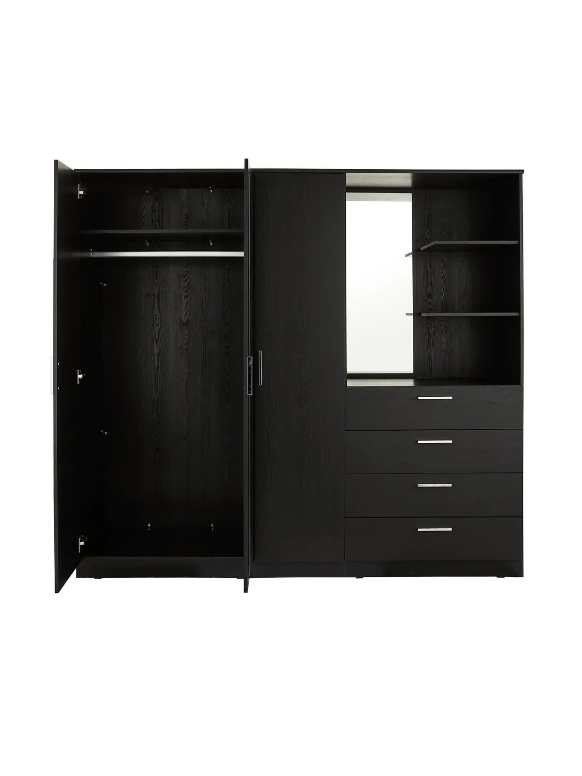 Panama 3 Door 4 Drawer Combi Wardrobe Black | Mirror & Shelves | Hanging Storage - Image 4