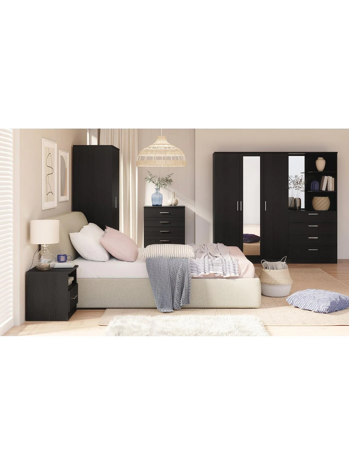 Panama 3 Door 4 Drawer Combi Wardrobe Black | Mirror & Shelves | Hanging Storage - Image 5