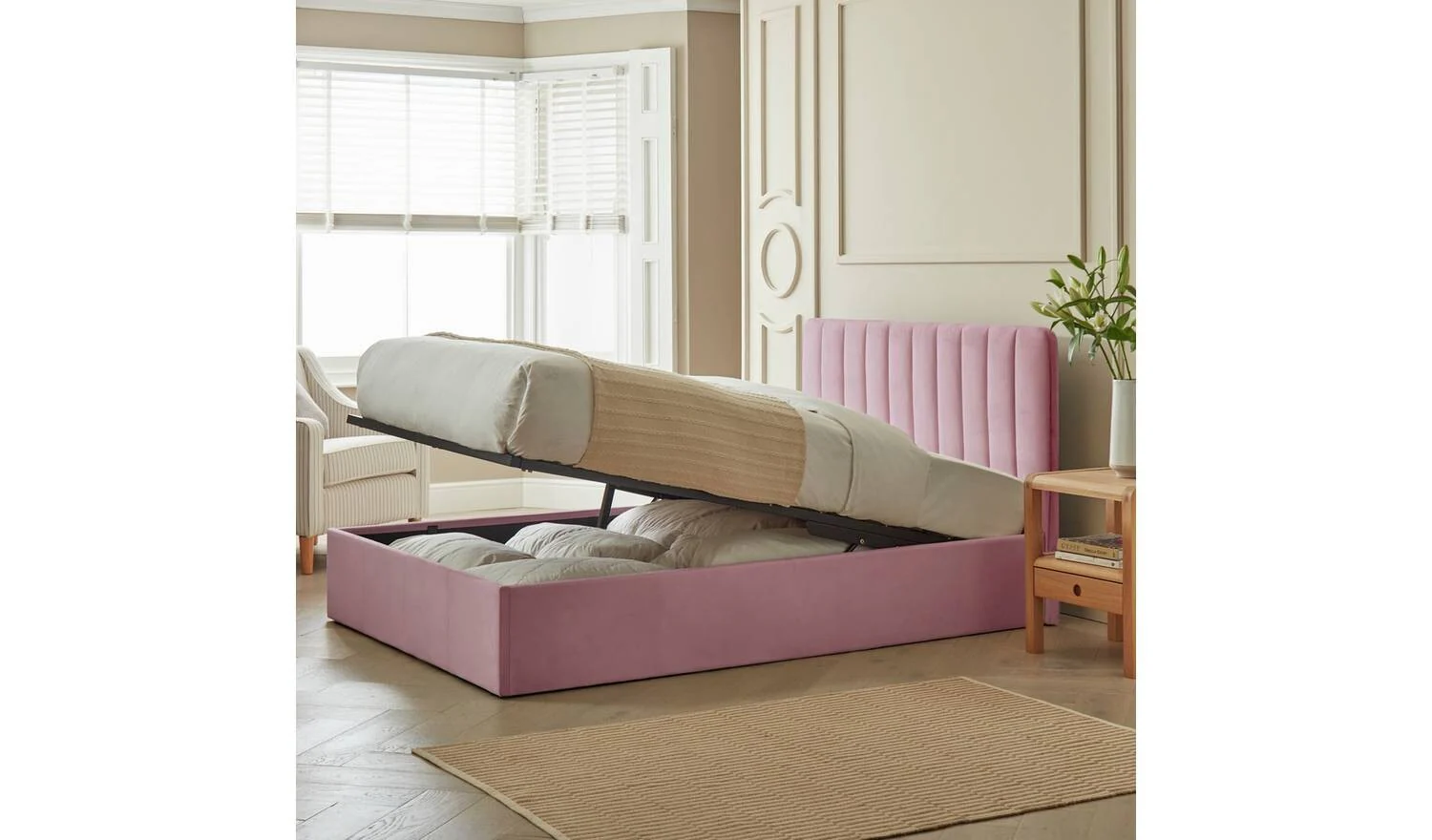 Pandora Double End Lift Ottoman Bed Pink Modern Bedroom Storage - Image 3