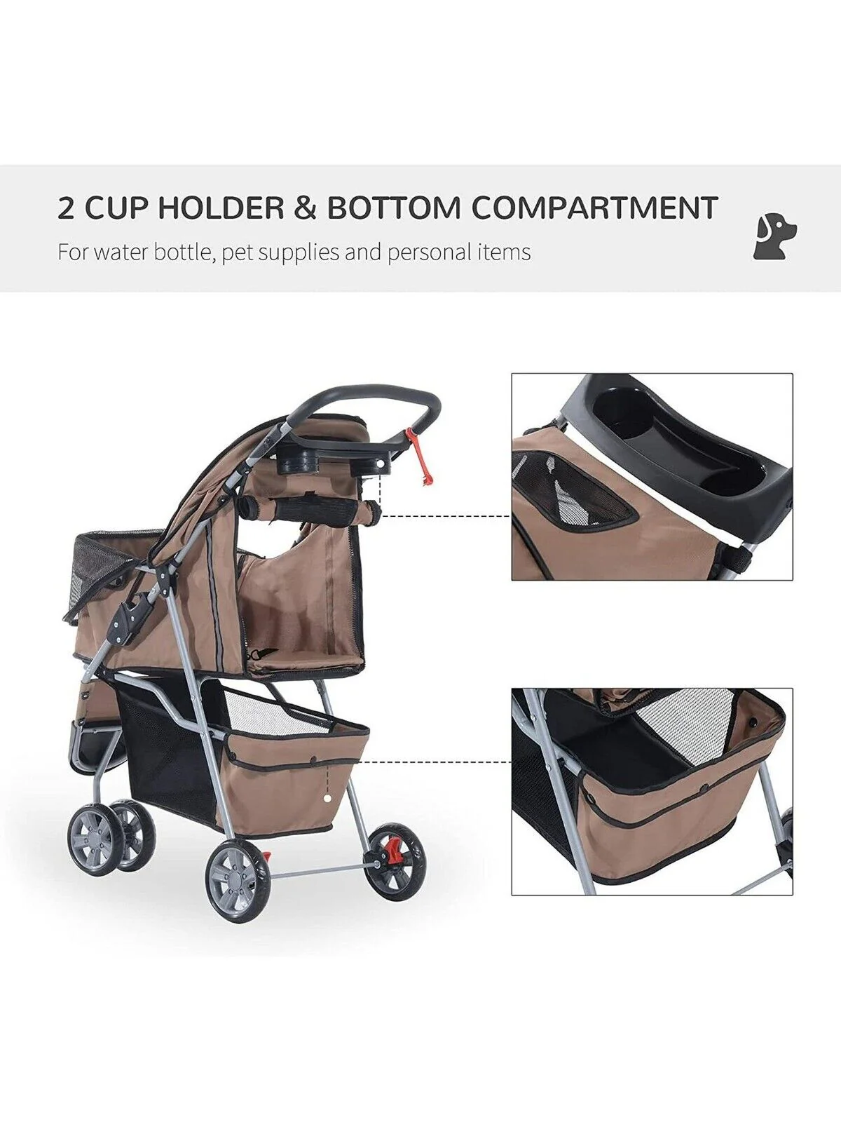 PawHut Dog Stroller Pushchair Oxford Cloth 3-Wheel Pram Suitable for Small Pets - Image 2