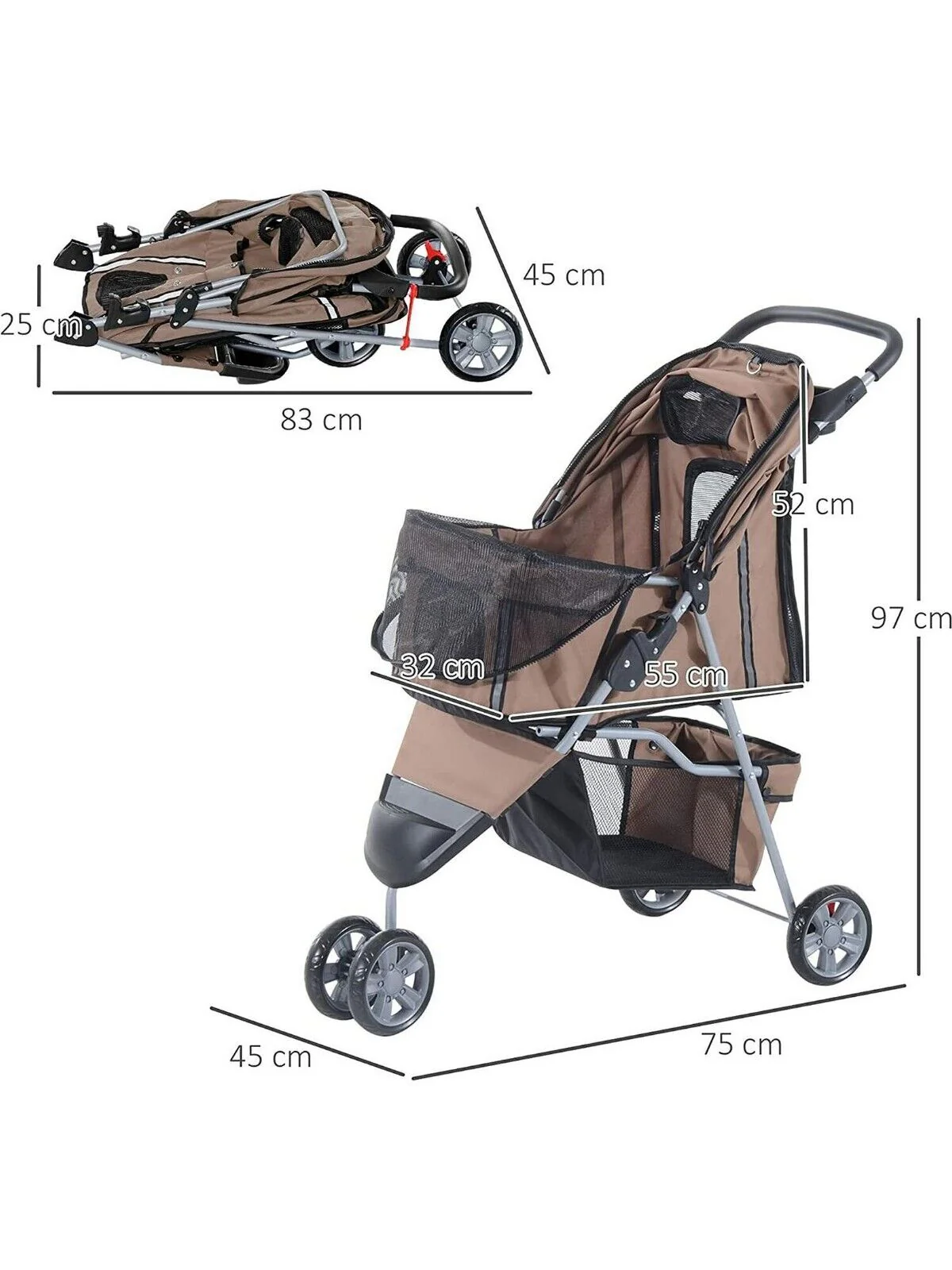 PawHut Dog Stroller Pushchair Oxford Cloth 3-Wheel Pram Suitable for Small Pets - Image 4