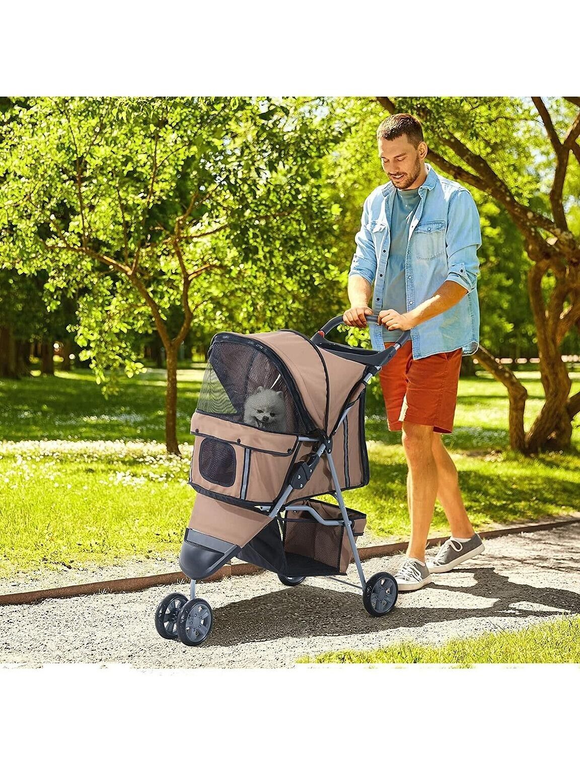 PawHut Dog Stroller Pushchair Oxford Cloth 3-Wheel Pram Suitable for Small Pets - Image 5