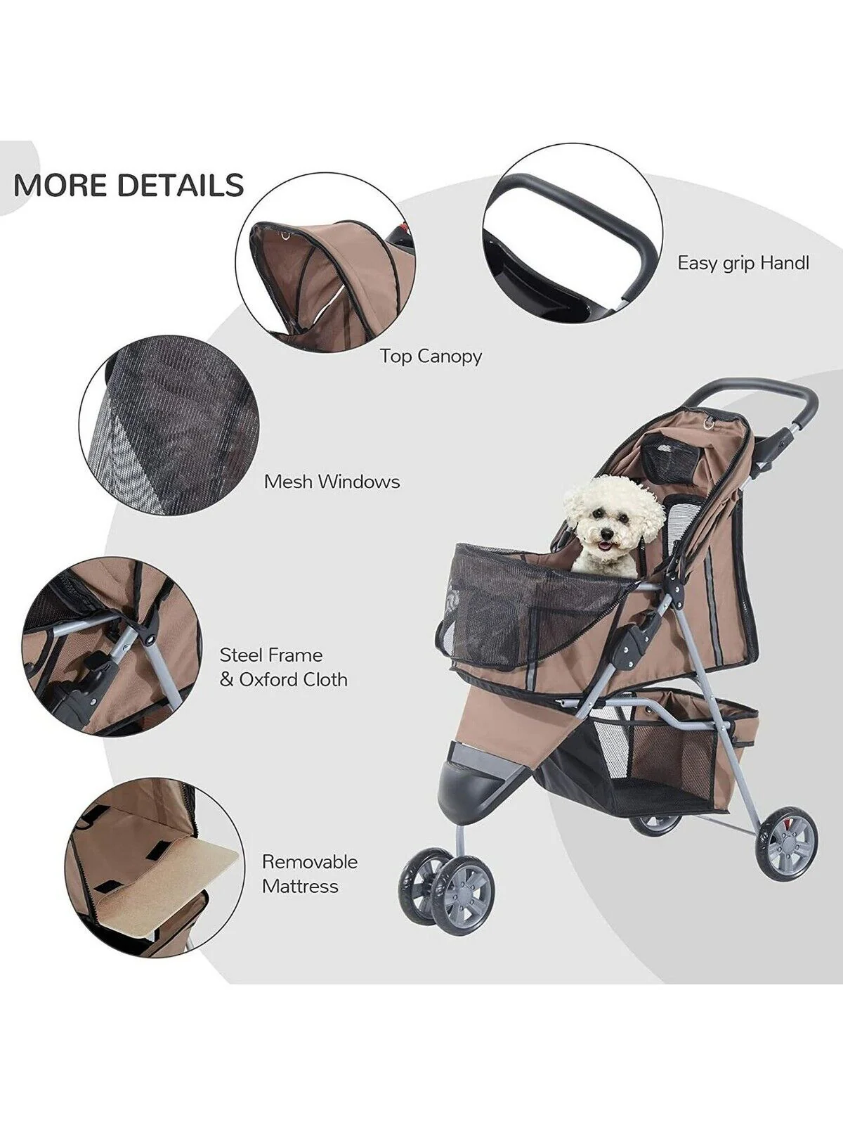 PawHut Dog Stroller Pushchair Oxford Cloth 3-Wheel Pram Suitable for Small Pets - Image 7