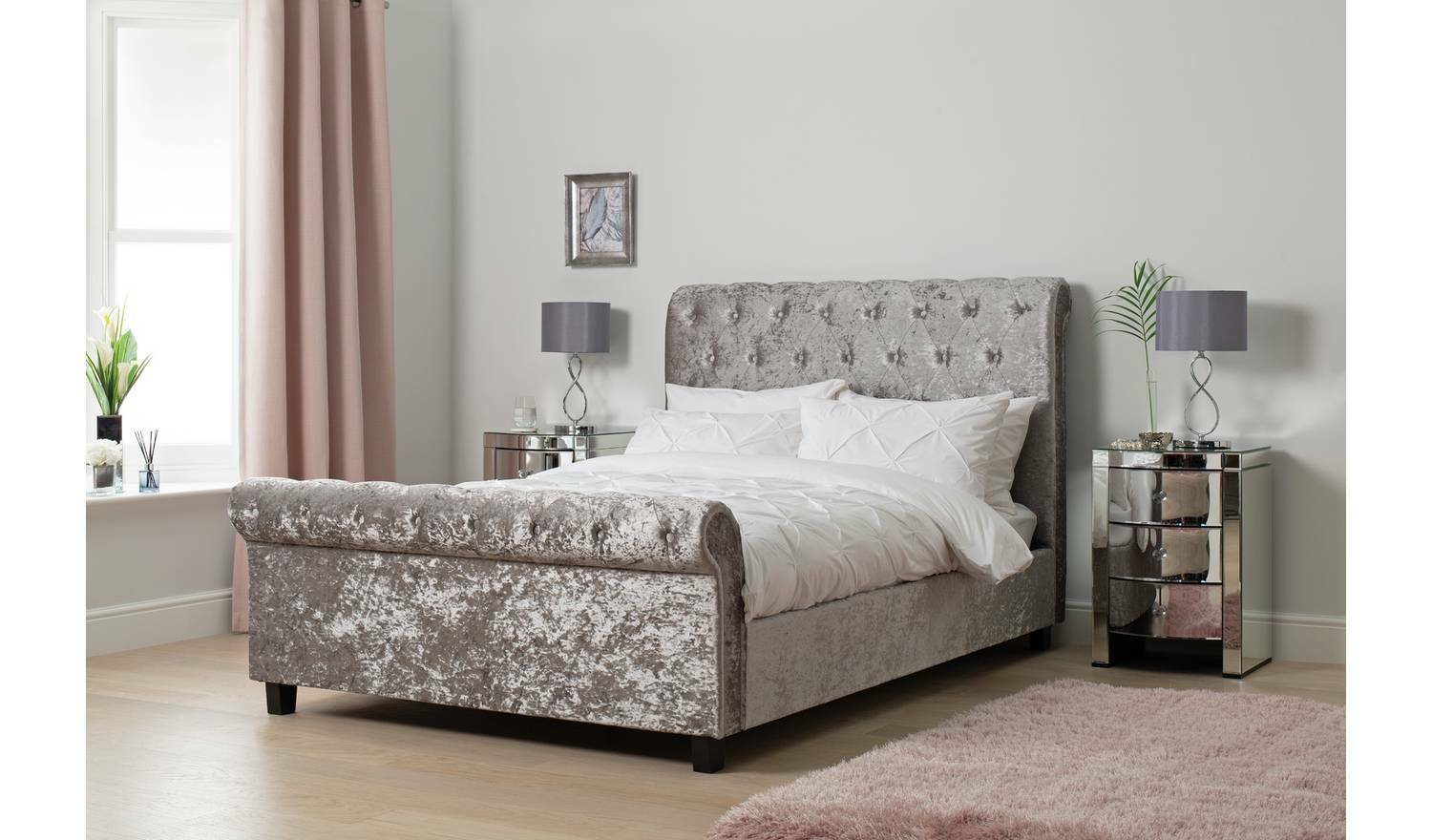 Penelope Crushed Velvet Kingsize Bed Silver Luxurious Bedroom Furniture - Image 2